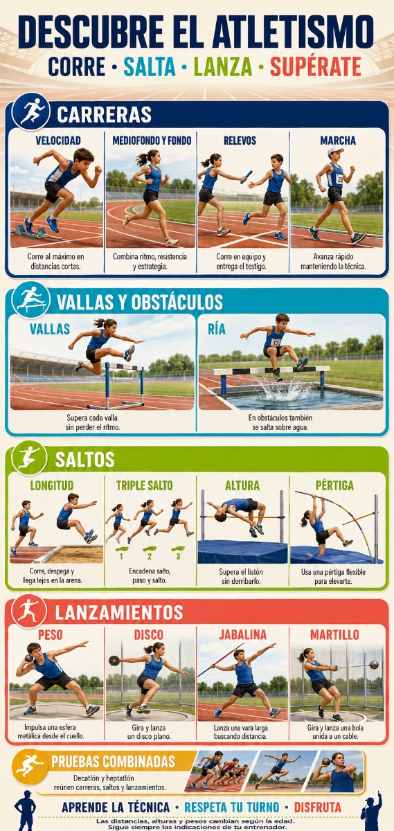 Cartel «Descubre el atletismo»: corre, salta, lanza, supérate. Las pruebas agrupadas en carreras (velocidad, mediofondo y fondo, relevos y marcha), vallas y obstáculos, saltos (longitud, triple, altura y pértiga), lanzamientos (peso, disco, jabalina y martillo) y pruebas combinadas. Las distancias, alturas y pesos cambian según la edad.