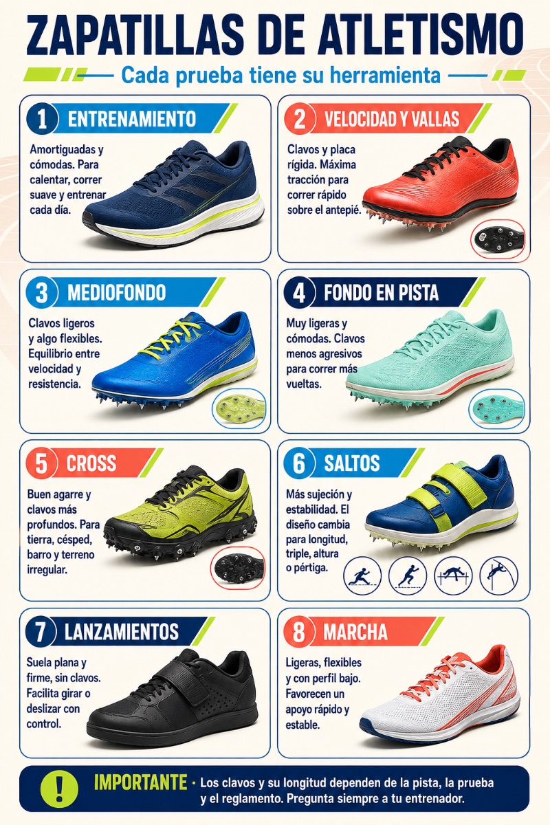 Cartel «Zapatillas de atletismo: cada prueba tiene su herramienta». Ocho tipos: entrenamiento, velocidad y vallas, mediofondo, fondo en pista, cross, saltos, lanzamientos y marcha, con lo que caracteriza a cada una. Los clavos y su longitud dependen de la pista, la prueba y el reglamento.
